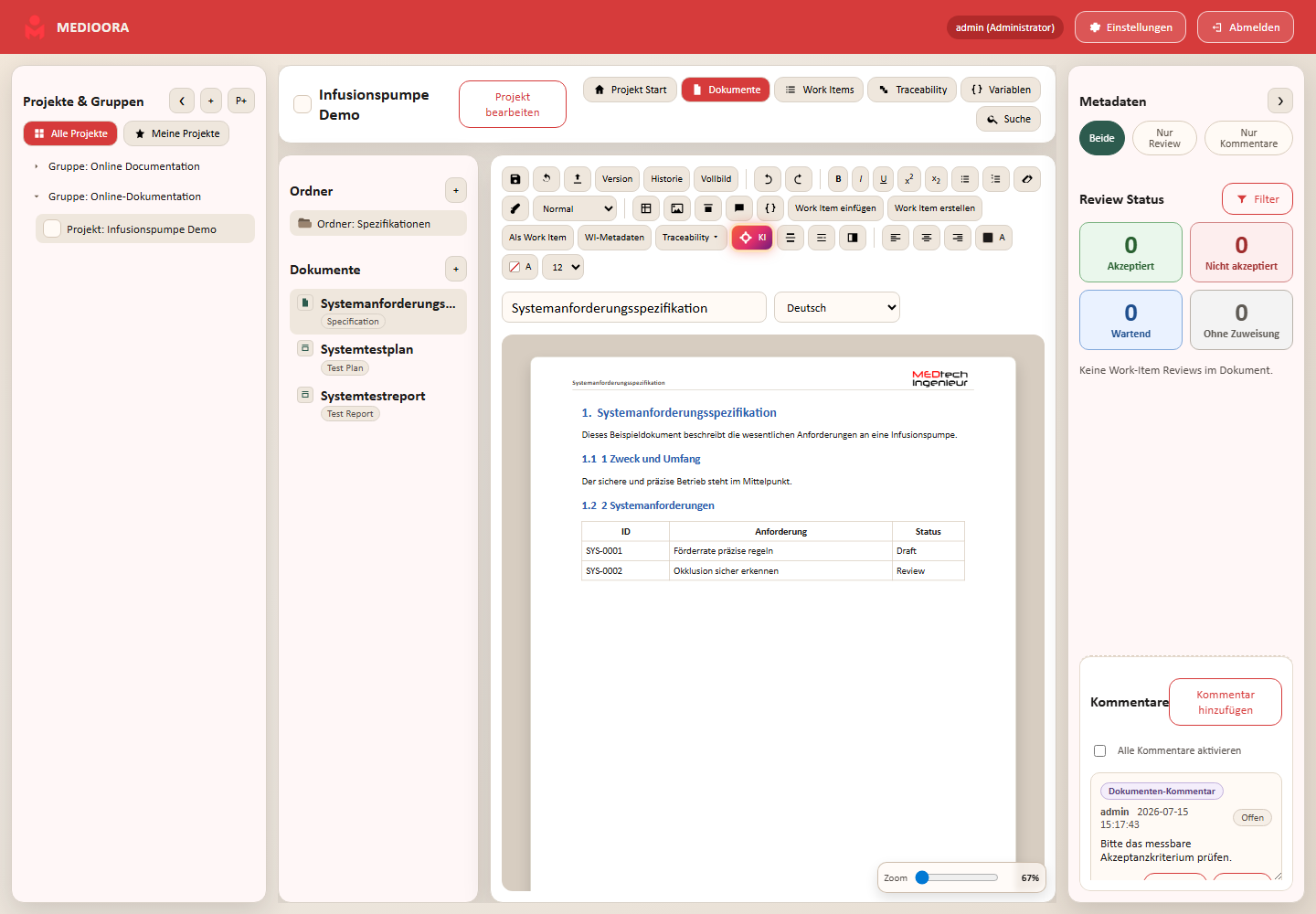 MEDIOORA: Dokumenteditor bedienen