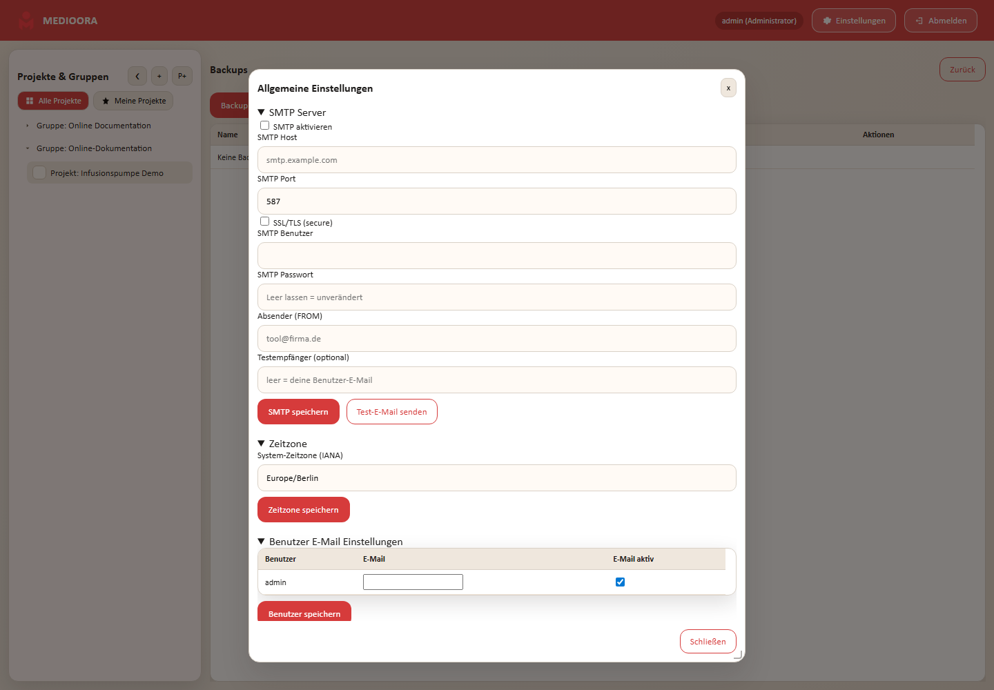 Systemeinstellungen für E-Mail, Zeitzone und KI