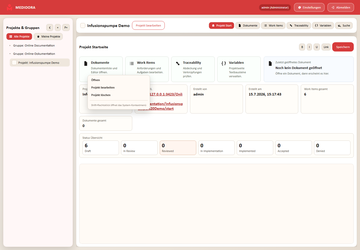 Kontextmenü eines Projekts