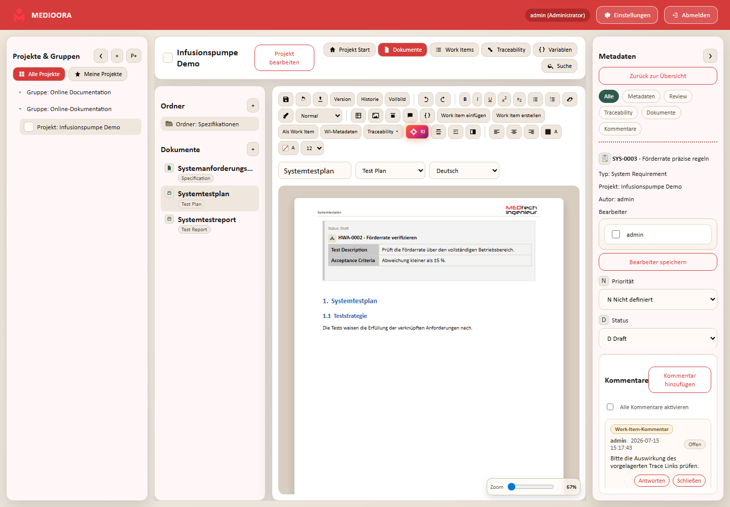 Test-Item mit Testschritten im Testplan