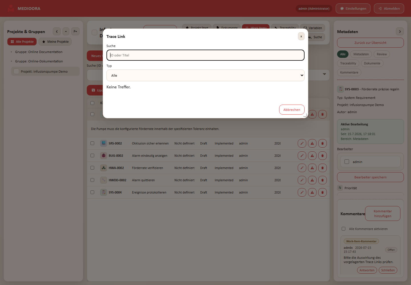 Trace-Link-Popup aus der Work-Item-Sidebar