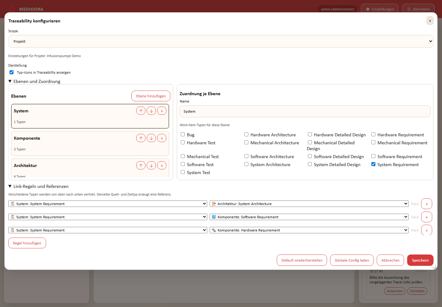 Traceability-Konfiguration mit Linkregeln
