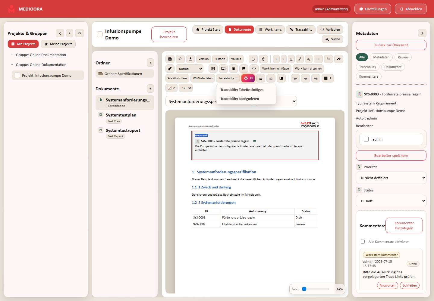 Traceability-Tabelle innerhalb eines Dokuments