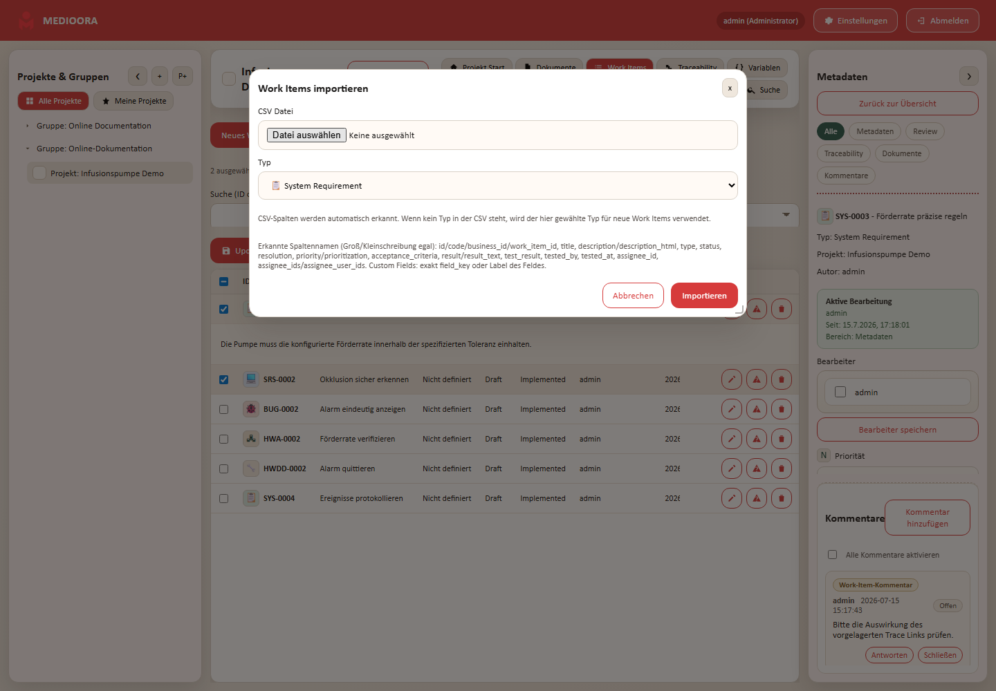 Geöffnetes CSV-Importmodal