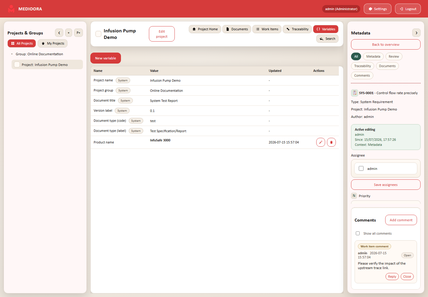 MEDIOORA: Variables and project search