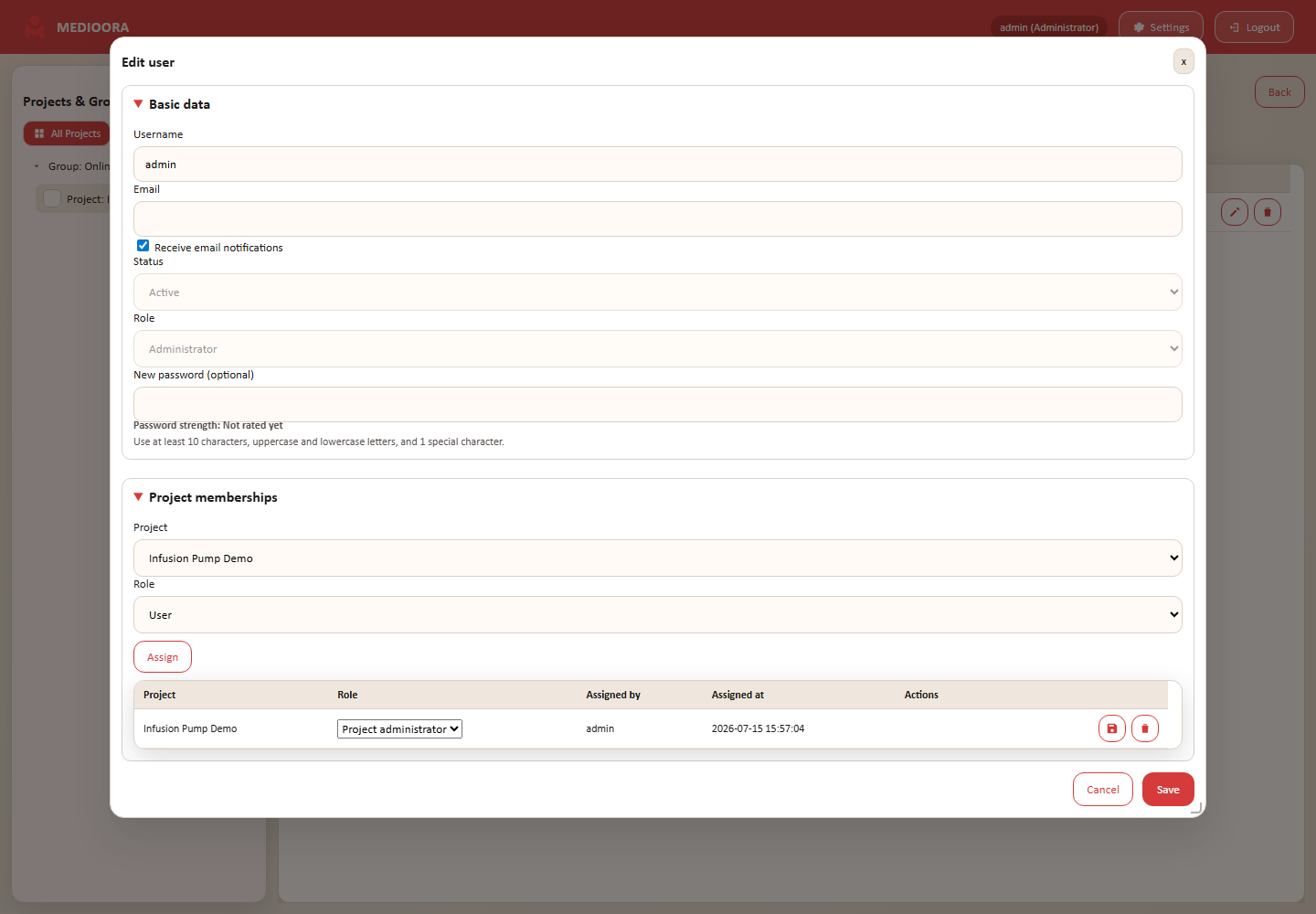 User dialog with project memberships
