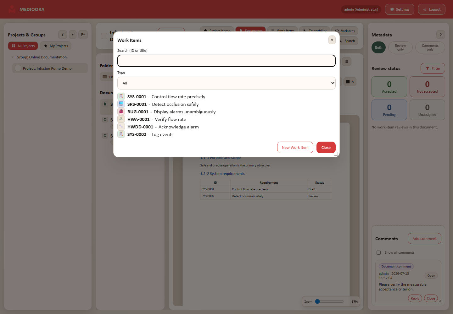 Work item selection popup