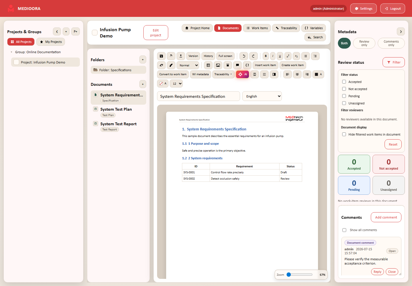 Review filter dialog