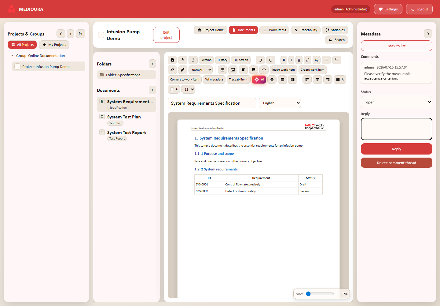 MEDIOORA: Document and work-item comments
